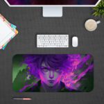 Desk pad featuring an anime boy with vibrant neon purple hair, smoky effects, and a mysterious green background. Design Kept on a computer table