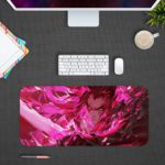 Desk pad featuring an anime character surrounded by vibrant pink and red tones with an abstract, energy-filled background. Design Kept on a computer table