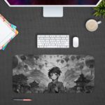 Desk pad featuring a ninja anime boy with a background of traditional Asian architecture and floating lanterns in grayscale. Design Kept on a computer table