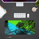 Desk pad featuring a vibrant nature scene with a blue river flowing through lush, green vegetation. Design Kept on a computer table