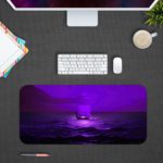 Tranquil ocean scene in purple twilight with gentle waves and a distant silhouette, creating a dreamy atmosphere. Design Kept on a computer table