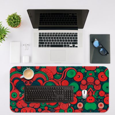 Desk pad with an abstract pattern of overlapping circles and swirls in red, green, and dark blue. Desk Mat with an Apple Laptop