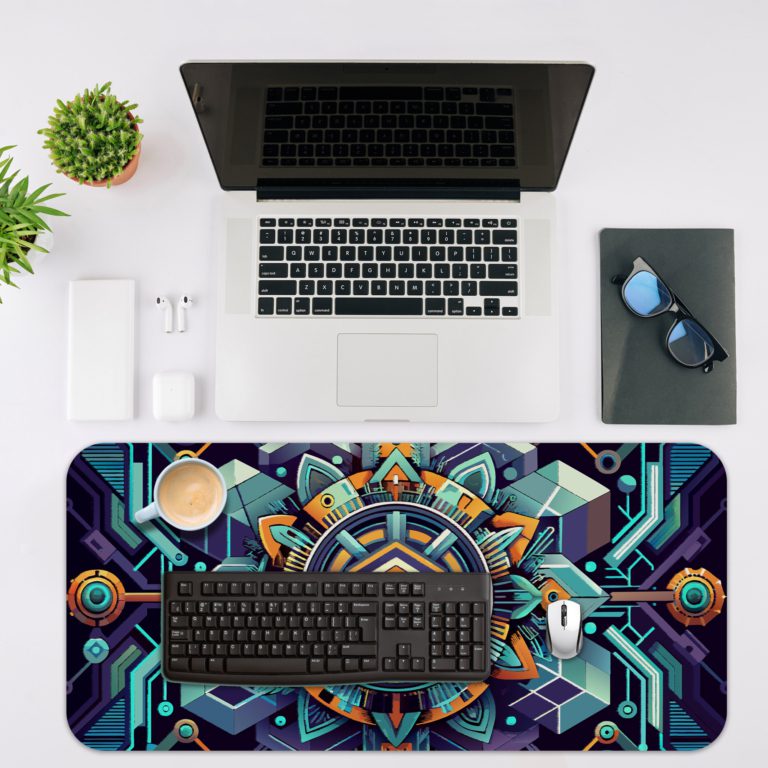 Infidu desk pad with vibrant geometric patterns in blue, turquoise, orange, and teal, featuring a futuristic design with intricate details. Desk Mat with in laptop