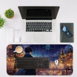 Anime character in a coat and hat overlooking a nighttime cityscape with twinkling lights and a full moon on the Infidu Artistic Desk Mat. Desk Mat with an Apple Laptop