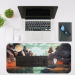 Rocky coastal scene with cliffs, boulders, and a flowing river in earthy oranges and cool blues. Desk Mat with an Apple Laptop