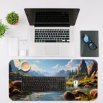 Serene Mountain Lake is surrounded by rocky peaks and lush vegetation in cool blues, warm greens, and browns. Desk Mat with an Apple Laptop