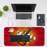 Infidu Electro Spectrum with Guitar Desk Pad featuring a bold red and white background with dramatic contrasts. Desk Mat with a laptop