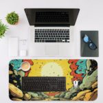 Infidu Color Wave Boom Animated Desk Pad with a bright sun, rocky landscape, and bold red, blue, yellow, and gray colors in a comic-style design. Desk Mat with a laptop