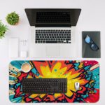 Infidu Color Wave Boom Animated Desk Pad with a bright sun, bold red, blue, and yellow colors, and a comic-style rocky landscape. Desk Mat with a laptop