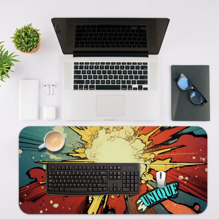 Infidu Color Wave Boom Animated Desk Pad with bright sun and bold colors in red, blue, and yellow Desk Mat with a laptop