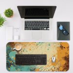 Infidu Color Splash Animated Desk Pad featuring a bubble-like pattern with blue and yellow colors on an abstract, marbled background. Desk Pad on the computer table