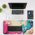 Infidu Color Splash Animated Desk Pad featuring a bubble-like pattern with pink, blue, and orange colors on an abstract, marbled background. Desk Mat with an Apple Computer