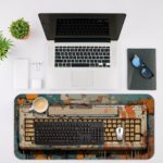 Infidu Tech Fusion with Keyboard Desk Pad featuring a vibrant, colorful background with blue and yellow colors and a splash effect. Desk Mat with an Apple Computer