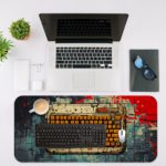 Infidu Tech Fusion with Keyboard Desk Pad featuring a vibrant, colorful background with gray, red, and sandal colors and a splash effect. Desk Mat with an Apple Computer