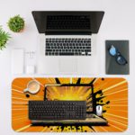 Infidu Tech Fusion with Laptop Desk Pad featuring a comic-book-style laptop design with a bright black and yellow background. Desk Mat with an Apple Computer