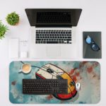 Infidu Tech Fusion with Mouse Desk Pad featuring a white mouse with orange and black details, splattered blue, white, and red background. Desk Mat with an Apple Computer