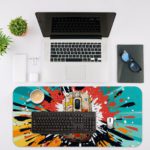 Infidu Tech Fusion with Mouse Desk Pad featuring a vibrant blue and yellow design. Desk Mat with an Apple Computer