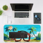 Tropical beach scene with red goggles, palm trees, and a clear blue sky on Infidu Tech Fusion with Sunglass Desk Mat with an Apple Computer