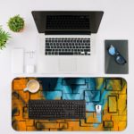 Infidu Artistic Desk Mat with an abstract geometric pattern in yellow, orange, and blue, covering the entire surface. Desk Mat with an Apple Laptop