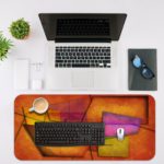 Infidu Artistic Desk Mat with abstract rectangular and trapezoidal shapes in warm tones of orange, red, purple, and yellow. Desk Mat with an Apple Laptop