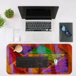 Infidu Artistic Animated Desk Pad with overlapping triangular and rectangular shapes in purple, red, green, orange, and yellow. Desk Mat with an Apple Laptop