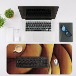 Infidu Artistic Patterns Desk Mat featuring a smooth, curvy abstract design in soft beige, light brown, and pinkish tones. Desk Mat with an Apple Laptop