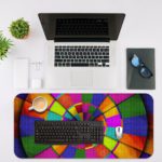 Infidu Artistic Patterns Desk Pad features a striking circular pattern with colorful segments in green, red, blue, and yellow. Desk Mat with an Apple Laptop