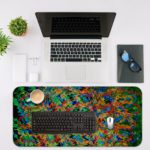 Infidu Artistic Patterns Desk Pad with a multi-colored abstract design featuring zigzagging lines and pixelated shapes. Desk Mat with an Apple laptop