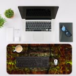 Infidu Artistic Patterns Desk Pad with earthy abstract designs in brown, green, orange, and yellow. Desk Mat with an Apple laptop