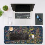 Infidu Artistic Patterns Desk Pad - Whispering Winds Abstract Art with colorful swirling lines on a black background Desk Mat with in laptop