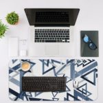 Infidu Artistic Patterns Desk Mat - White with blue and grey overlapping triangles Desk Mat with in laptop