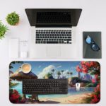 Infidu Nature Inspired Desk Pad with a calm blue sea, beach umbrella, chair, and bougainvillea flowers, in soft blues, greens, and pinks. Desk Mat with an Apple Laptop