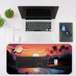 Desk pad with a tropical beach scene at sunset or sunrise, featuring vibrant colors, palm trees, and ocean reflections. Desk Mat with an Apple Laptop