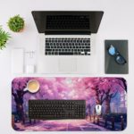 Desk mat featuring cherry blossom trees lining a peaceful pink and purple pathway. Desk Mat with an Apple Laptop