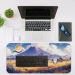 Desk pad with a serene mountain landscape, snowy peaks, blue sky, and desert terrain. Desk Mat with an Apple Laptop