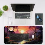 Desk pad with a tranquil lake, colorful sky, and silhouetted trees, featuring vibrant shades of orange, purple, and blue. Desk Mat with an Apple Laptop