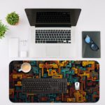 Infidu desk pad with a complex, maze-like pattern in brown, orange, and teal tones. Desk Mat with in laptop