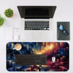 Desk pad with an abstract, colorful design featuring deep blues, warm oranges, and purple tones in geometric, pixelated patterns. Desk Mat with an Apple Laptop