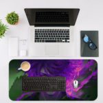 Desk pad featuring an anime boy with vibrant neon purple hair, smoky effects, and a mysterious green background. Desk Mat with an Apple Laptop