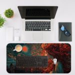 Anime woman with flowing red hair against a dreamlike background with a night sky, bright moon or sun, and distant city silhouettes. Desk Mat with an Apple Laptop