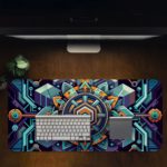 Infidu desk pad with vibrant geometric patterns in blue, turquoise, orange, and teal, featuring a futuristic design with intricate details. Design Kept on a computer table