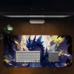 Our talented digital artists designed a desk pad with a colorful forest scene featuring an anime dragon-like creature. Desk Pad with Design Kept on a computer table