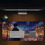 Anime character in a coat and hat overlooking a nighttime cityscape with twinkling lights and a full moon on the Infidu Artistic Desk Mat. Desk Pad in computer table