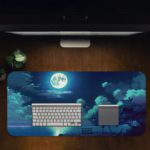 Serene nighttime scene with a full moon reflected in calm waters and tree silhouettes on the Infidu Nature Inspired Desk Mat. Desk Pad in computer table