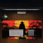 Ninja samurai standing in water with a warm sunset backdrop on the Infidu Creative Workspace Desk Pad. Desk Pad in computer table