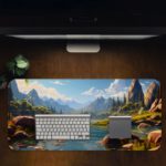 Serene Mountain Lake is surrounded by rocky peaks and lush vegetation in cool blues, warm greens, and browns. Desk Pad in computer table