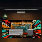 Infidu Tech Fusion with Keyboard Desk Pad featuring a vibrant, colorful background with a splash effect radiating from the keyboard. Desk Pad on the computer table