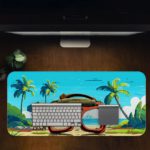 Tropical beach scene with red goggles, palm trees, and a clear blue sky on Infidu Tech Fusion with Sunglass Design Kept on a computer table