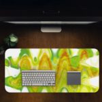 Infidu Artistic Desk Mat featuring a wave abstract design in lime green and yellow, with white accents. Ideal for adding a creative touch to any desk. Desk Pad in computer table