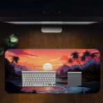 Desk pad with a tropical beach scene at sunset or sunrise, featuring vibrant colors, palm trees, and ocean reflections. Desk Pad in computer table